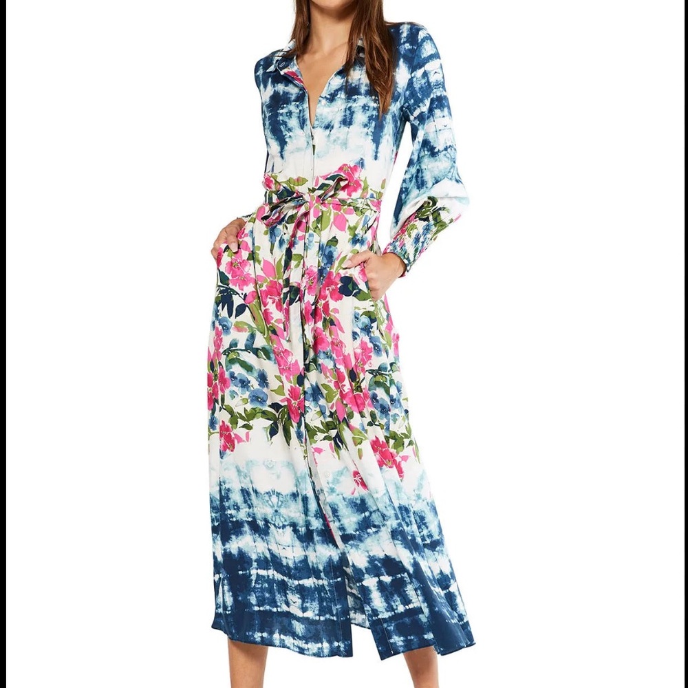 MISA floral tie dye BETTINA NWOT Smocked Tie-Waist Midi Dress XS Shirtdress $510 - Picture 5 of 9